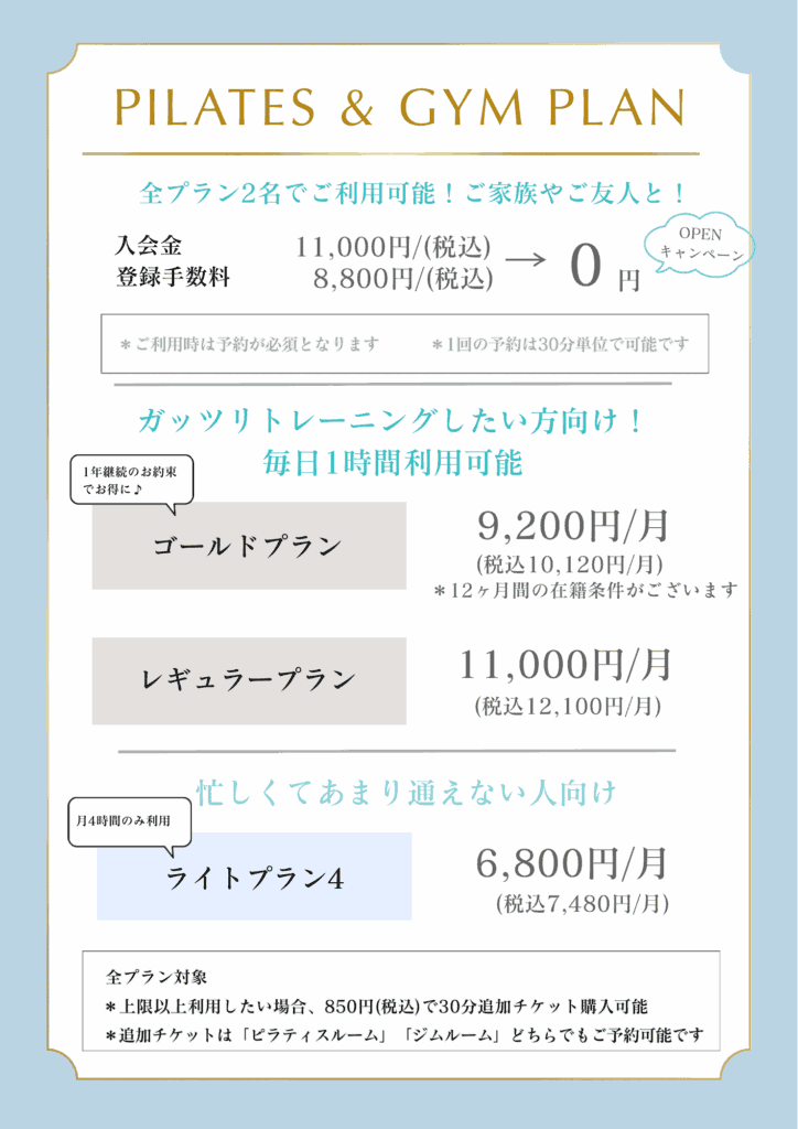 ハイドジム＆ピラティス薬院の料金プラン表1
